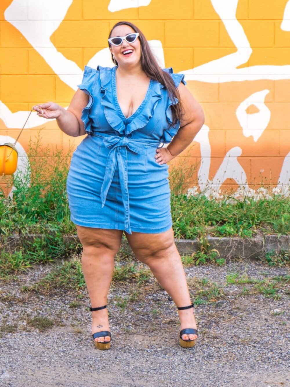 Denim Ruffle Mini Dress - Picture 2 of 8